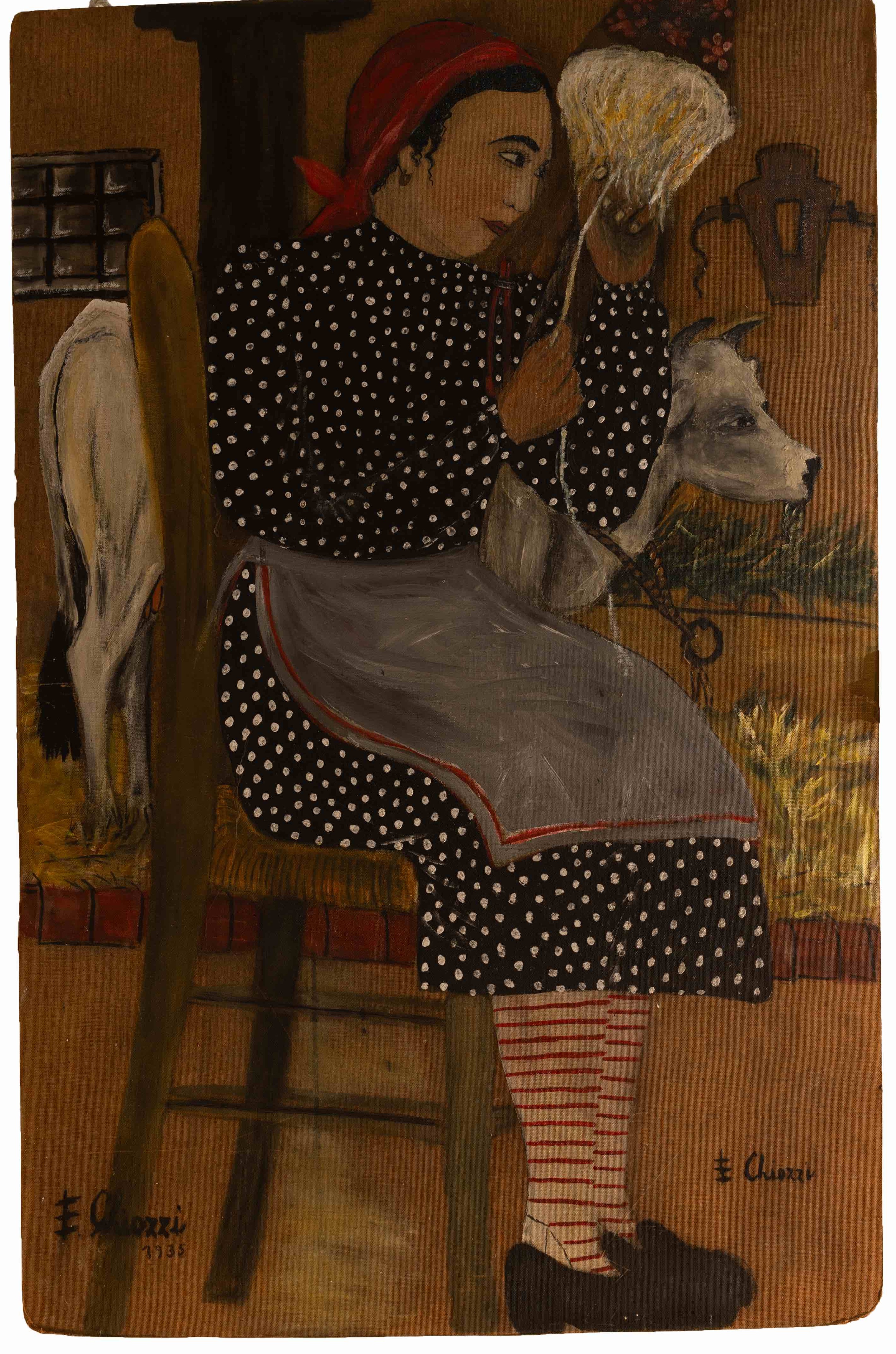 Fig. 2. Ermanna Chiozzi, <i>Autoritratto nella stalla (ricordo del 1935)</i>, tecnica mista su pannello di fibra di legno (masonite?), 124x80,5 cm, Collezione privata.
